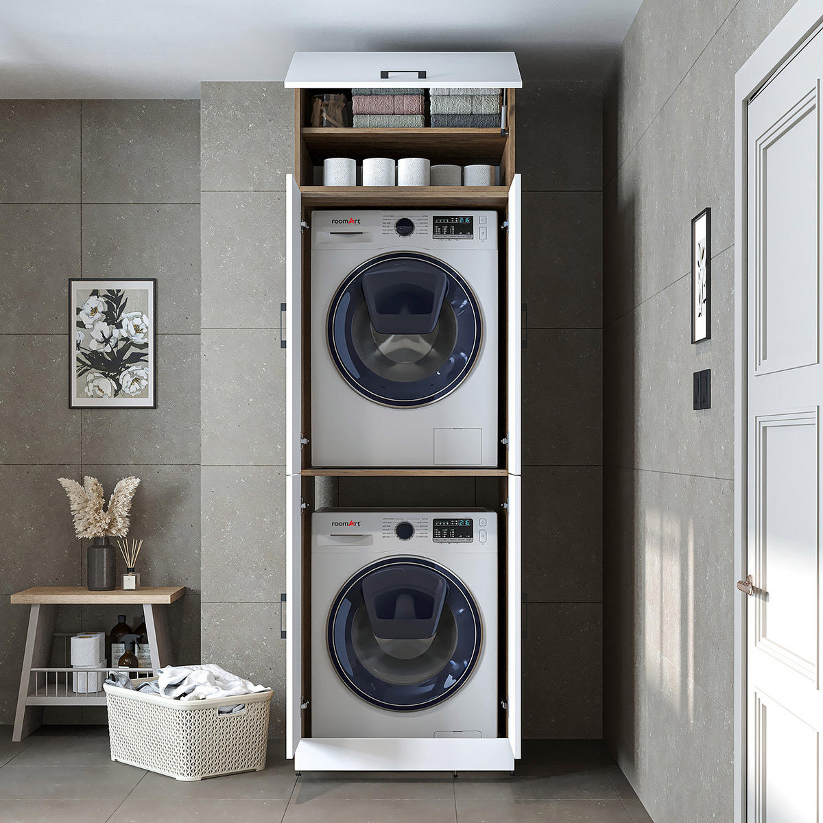 WASCHMASCHINENSCHRANK DORA-II 70cm Breit, 230cm Hoch - Eiche Bianco, Holzwerkstoff (70/230/74cm)