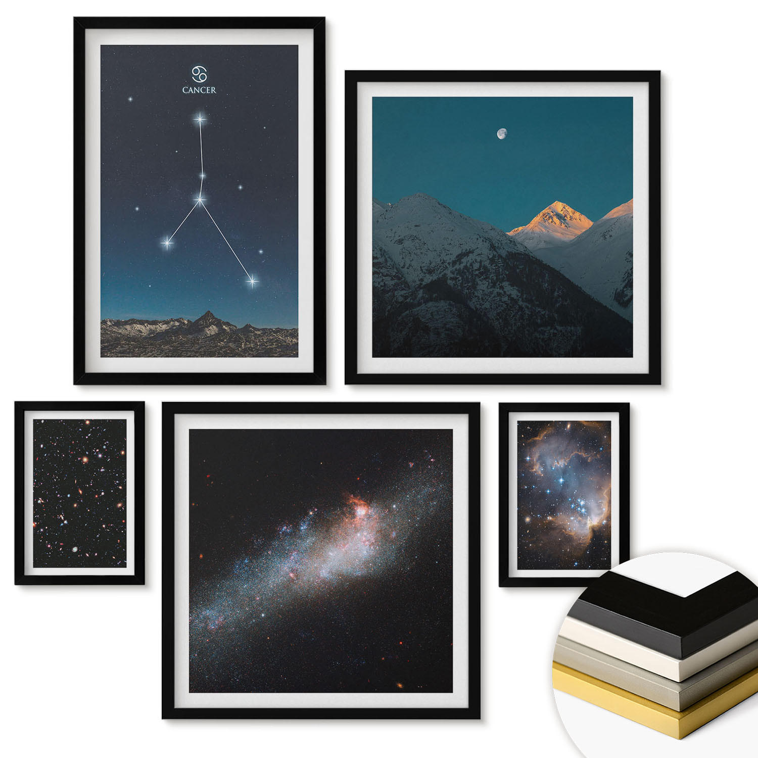 WANDBILDER 5er-Set - 50x50 cm & 20x30 cm & 40x60 cm Schwarzer Rahmen - Weltraumgalaxie-Konstellation Krebs - Schwarz, Kunststoff (40/60cm) - ArtPrintCave