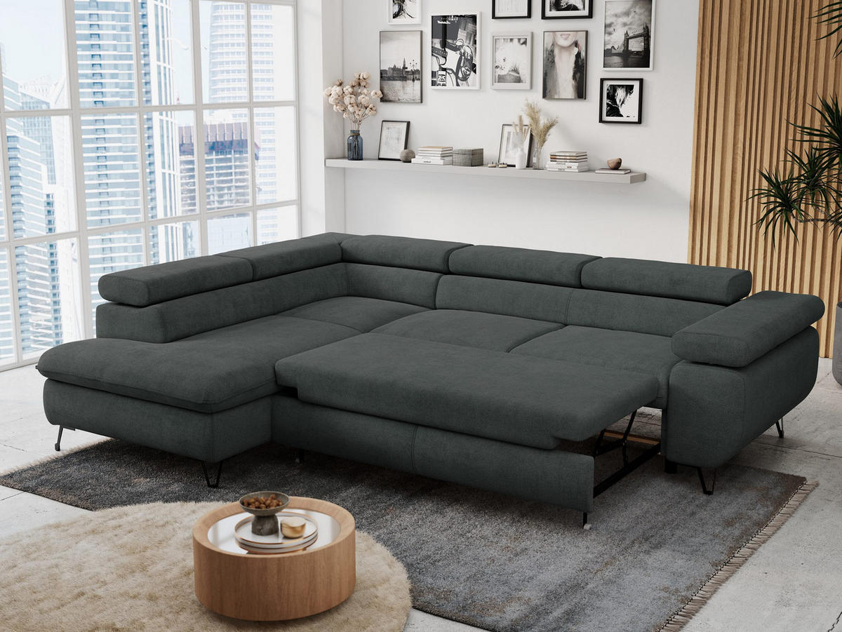 ECKSOFA PETER L Dunkelgrau Struktur - Links Seite - Dunkelgrau/Schwarz, Textil/Metall (208/273cm) - MKS