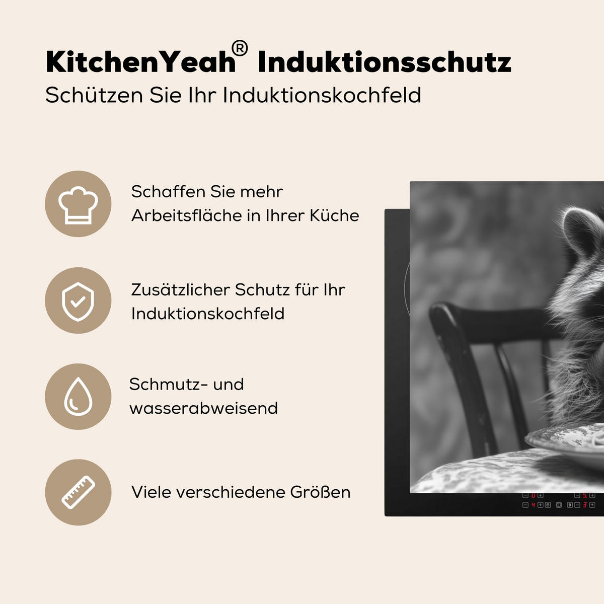 HERDABDECKPLATTE Waschbär - Niedlich - Pasta - Tischtuch - Schwarz - Weiß Induktionsmatte 83x51 cm - Grau, Kunststoff (83/51.5/0.2cm) - MuchoWow