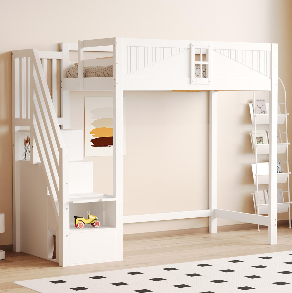 HOCHBETT aus Kiefer, Sperrholz und MDF 90x200 cm Weiß mit Stauraumleiter - Weiß, Holzwerkstoff (90/200cm) - IVMEU
