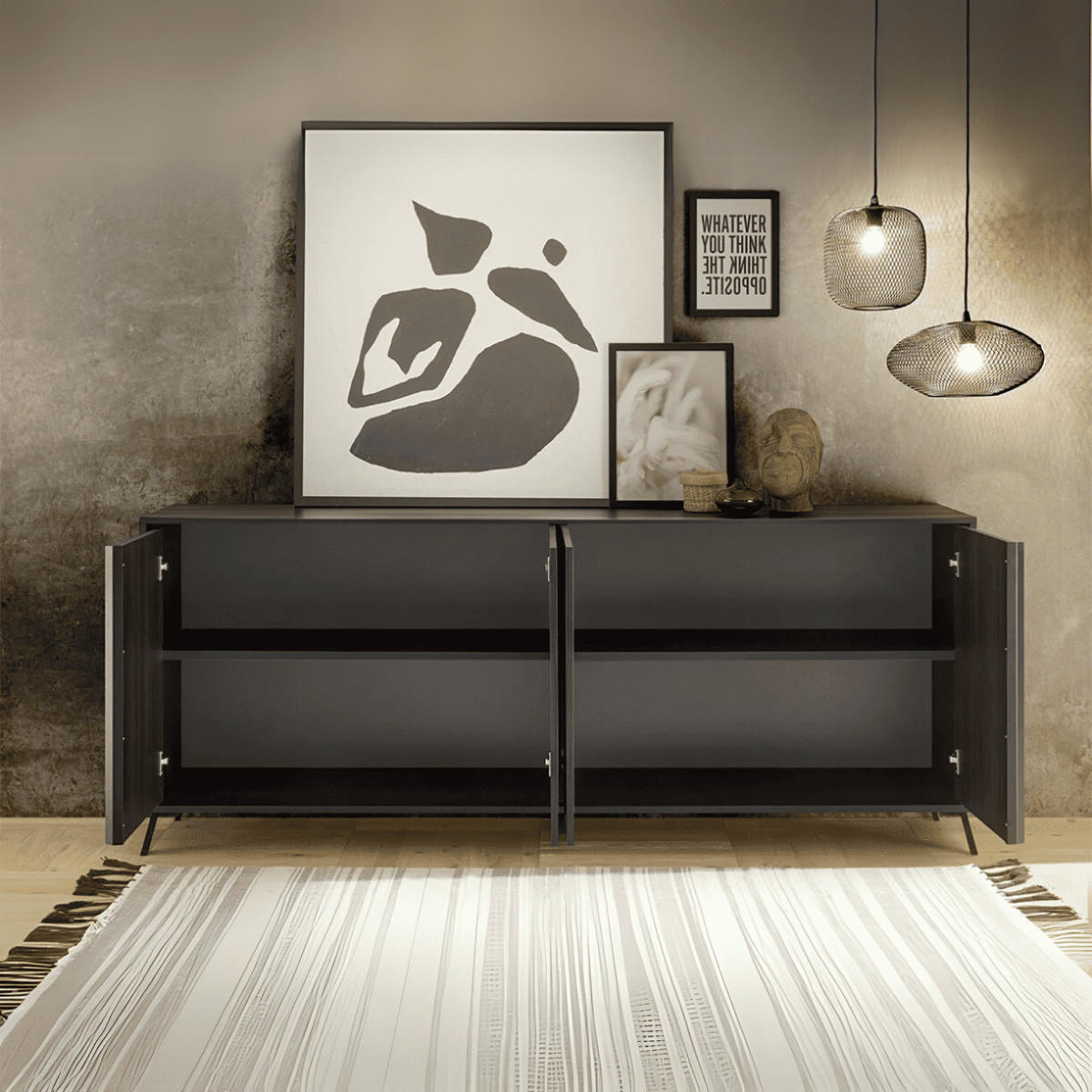 SIDEBOARD mit 4 Türen L205 cm - City - Schwarz, Holzwerkstoff (40/84/205cm) - Calicosy