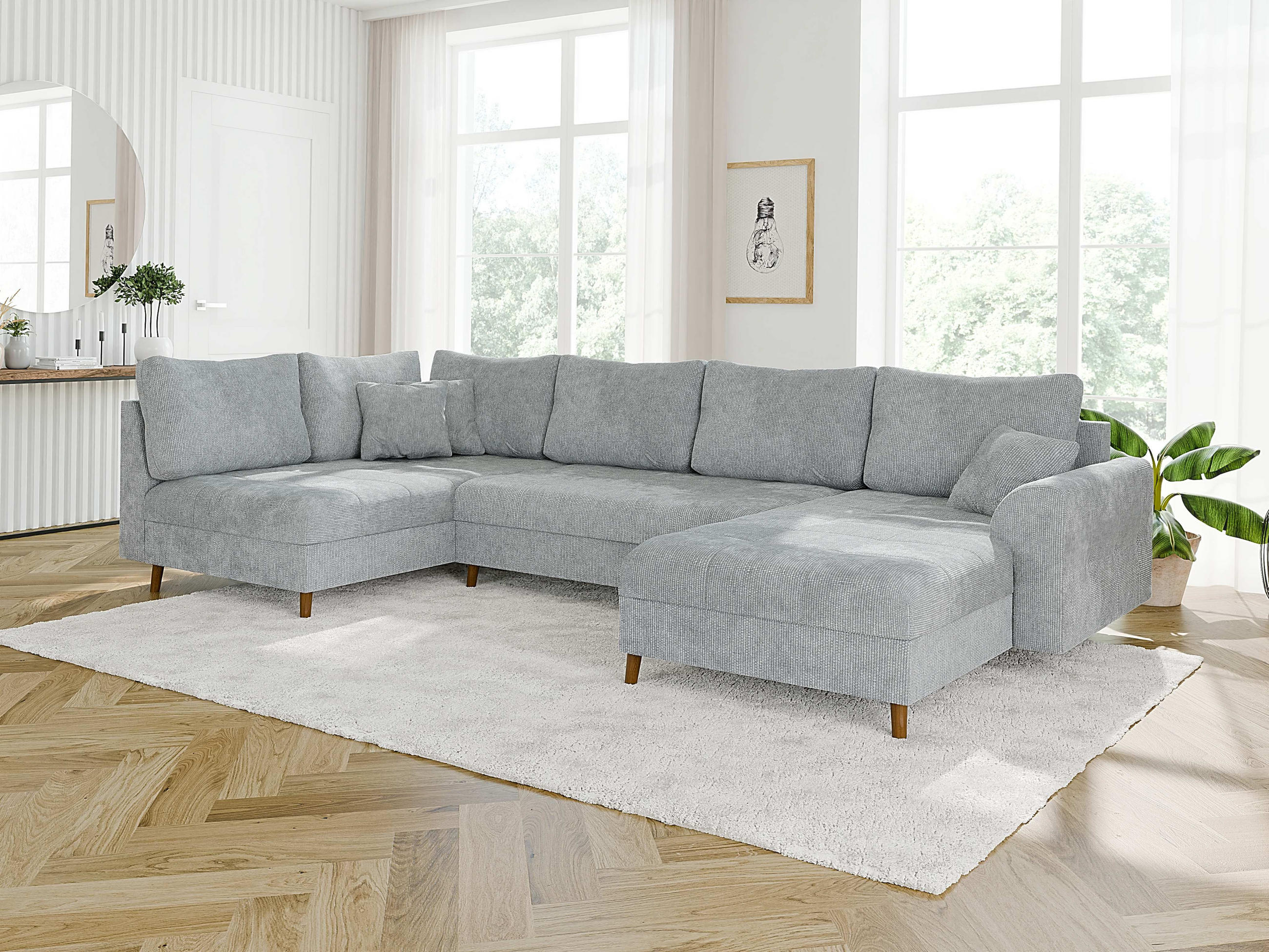 WOHNLANDSCHAFT Sigurd Hellgrau Chenille - Ottomane rechts - Hellgrau/Braun, Holz/Textil (310/81/161cm) - S-Style Möbel