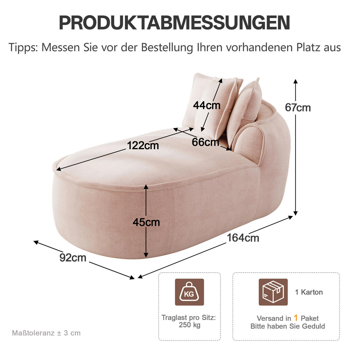 RÉCAMIERE rechte Chaiselongue mit Kissen, DE-42643, Pink - Pink, Textil (164/67/92cm) - ComfortXL