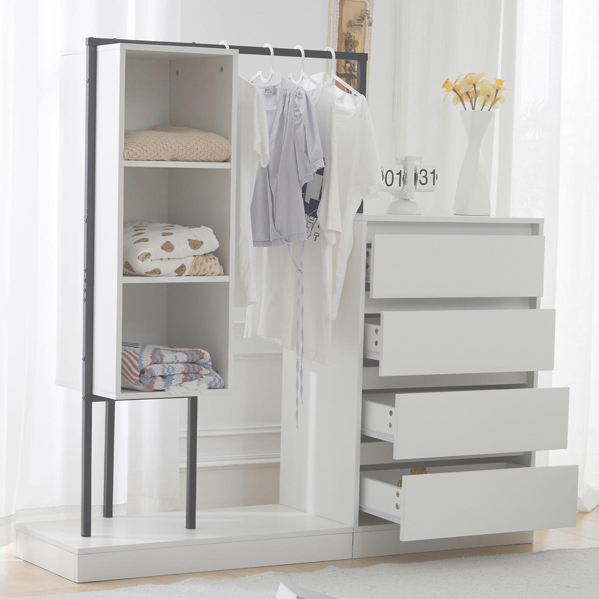 GARDEROBEN-SET in Weiß mit Kleiderstange und Schubladen für Schlafzimmer und Flur, B140/T40/H135 cm - Weiß, Holzwerkstoff/Metall (140/135/40cm) - STILVORA