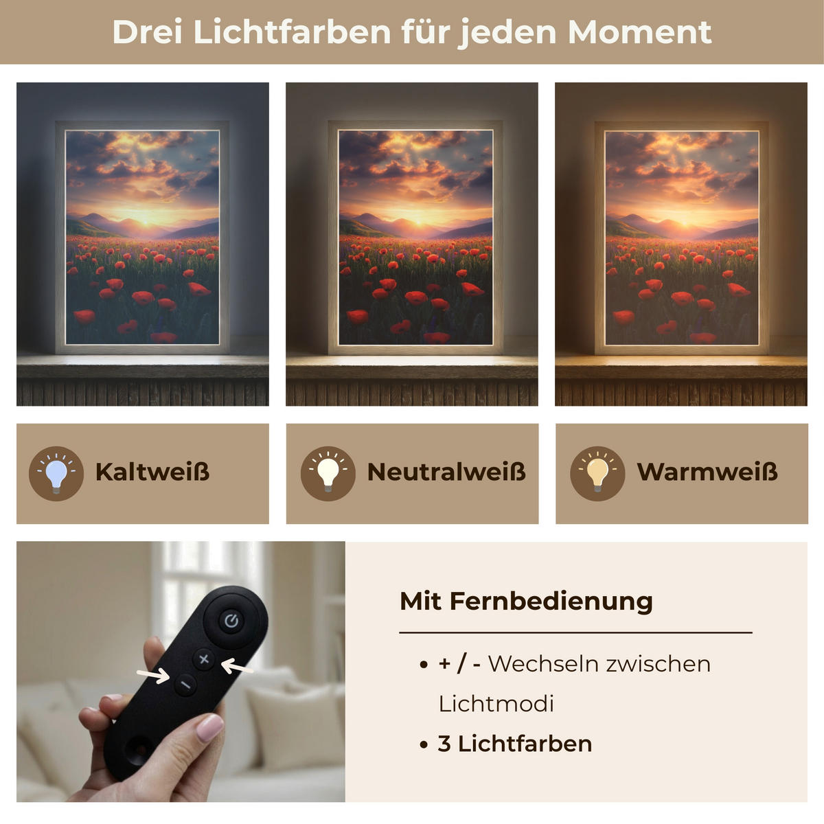 WANDLEUCHTE MIT AKKU Landschaft - Sonnenuntergang - Blumenfeld 30x40 cm - Rot, Holzwerkstoff (30/40/8cm) - OnlyWow