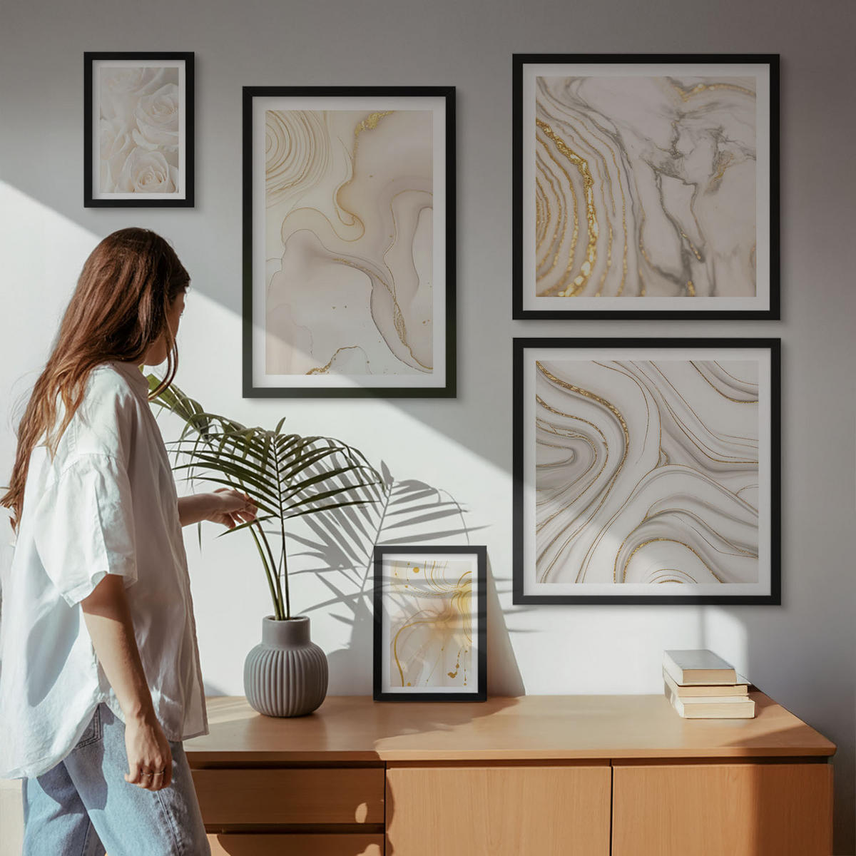 BILDER SET 5er Set - 50x50 cm & 20x30 cm & 40x60 cm Schwarzer Rahmen - Landschaften Natur Felder Sonne - Schwarz, Kunststoff (40/60cm) - TULUP