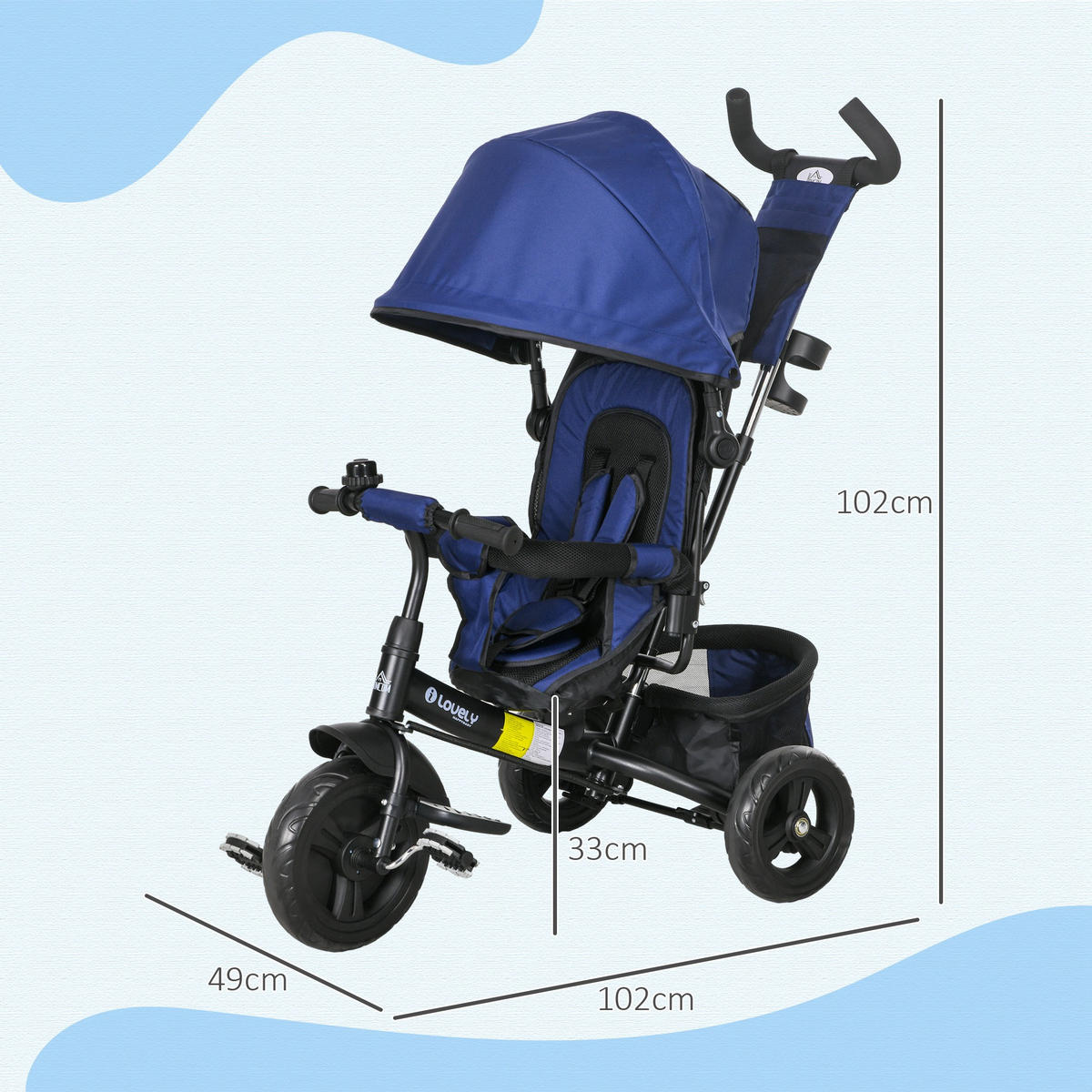 6-IN-1 Dreirad mit Schubstange, Kinderdreirad mit abnehmbarem Sonnendach - Blau, Metall (102/49/102cm) - HOMCOM