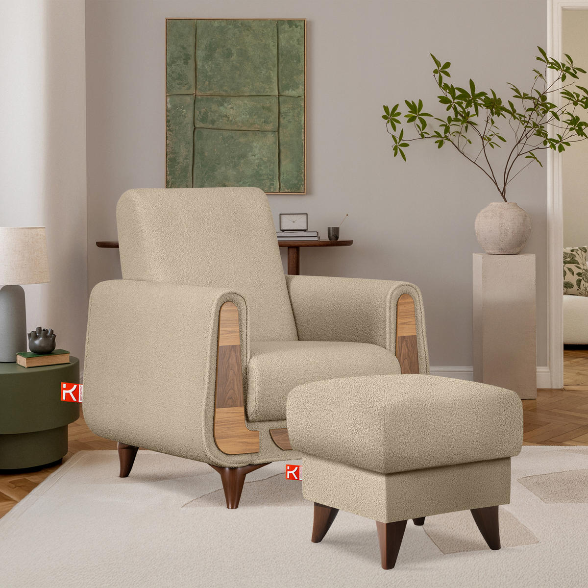 HOCKER GUSTAVO Fußstütze, Bouclé, Beige - Beige, Holz/Holzwerkstoff (53/49/53cm) - KONSIMO®