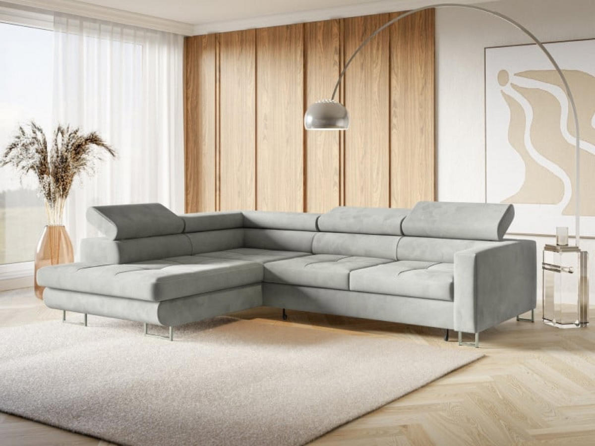 ECKSOFA Silber MERY L Mit Verstellbaren Kopfstützen Auf Silbernen Beinen - Grau, Textil (250/200cm) - Sepro Meble