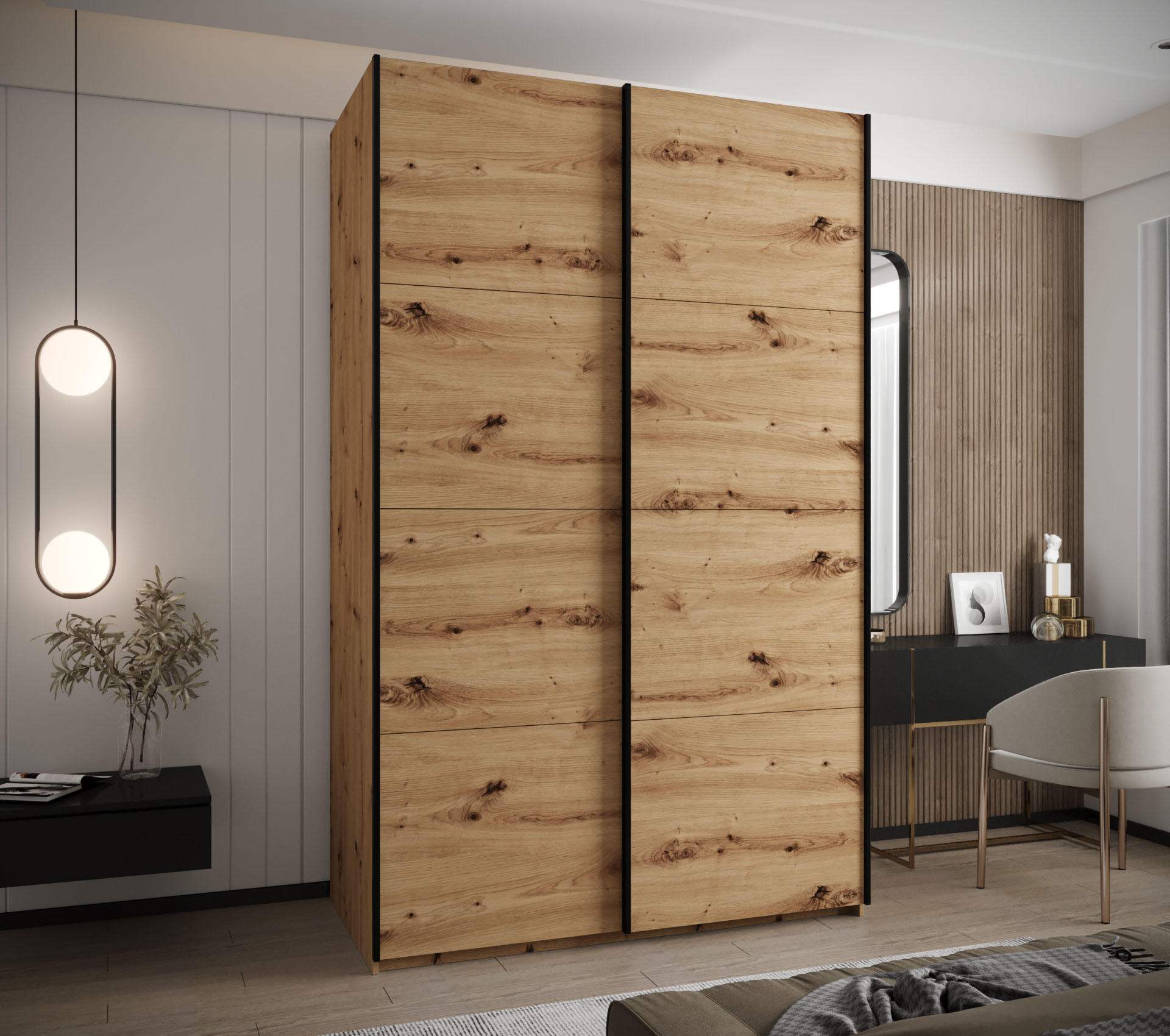 SCHWEBETÜRENSCHRANK 245,5/160/64 2-türig - Schwarz/Eiche Artisan, Holz/Metall (160/245/64cm) - Abiks Möbel