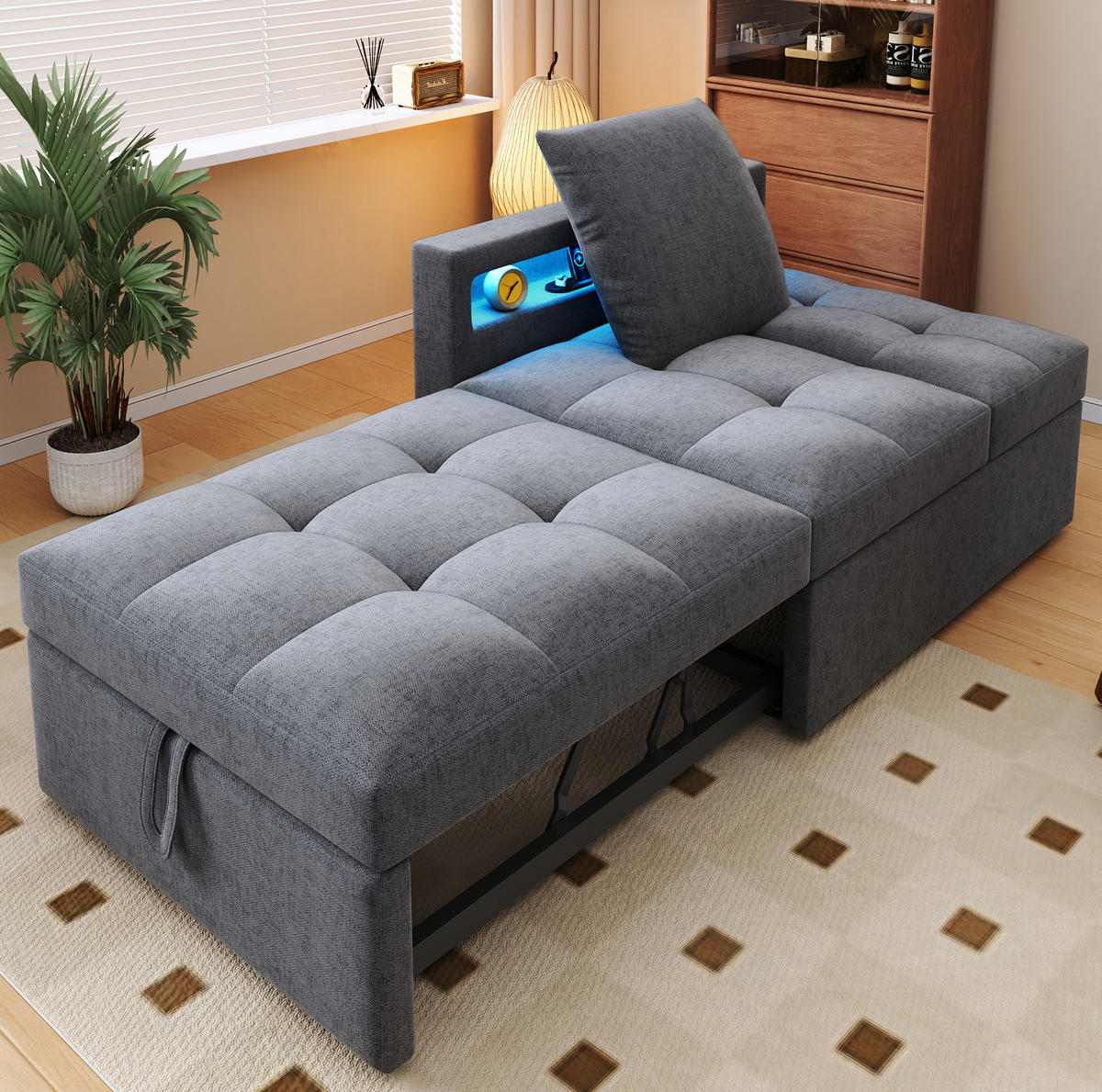 SCHLAFSOFA aus Leinenstoff 177x68x65 cm Hellgrau mit 3-in-1-Funktion, LED-Beleuchtung, USB-/Typ-C-Anschluss - Hellgrau, Leder (68/65/177cm) - Modfu