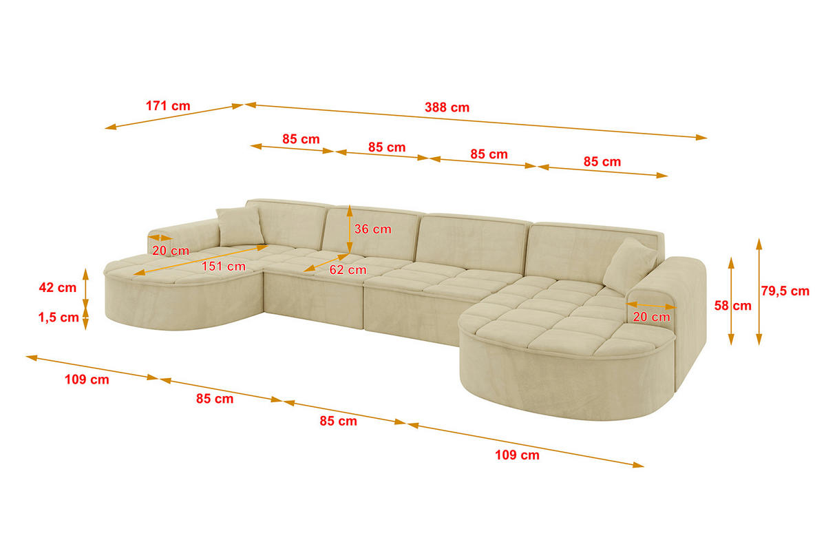 WOHNLANDSCHAFT TARO-U2 - 388x171x79,5 cm Beige - Beige, Holzwerkstoff/Textil (388/79.5/171cm) - ALTDECOR