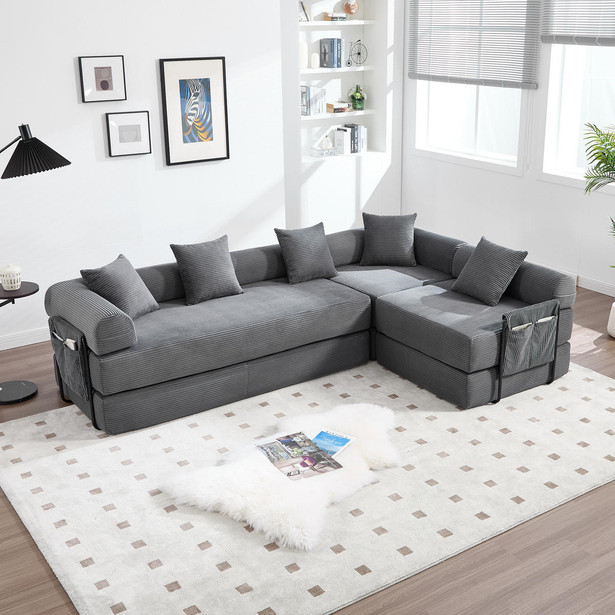 SCHLAFSOFA 270/180/64 cm Dunkelgrau mit Integrierte Seitentaschen - Dunkelgrau, Textil (270/64/180cm) - Oxeza