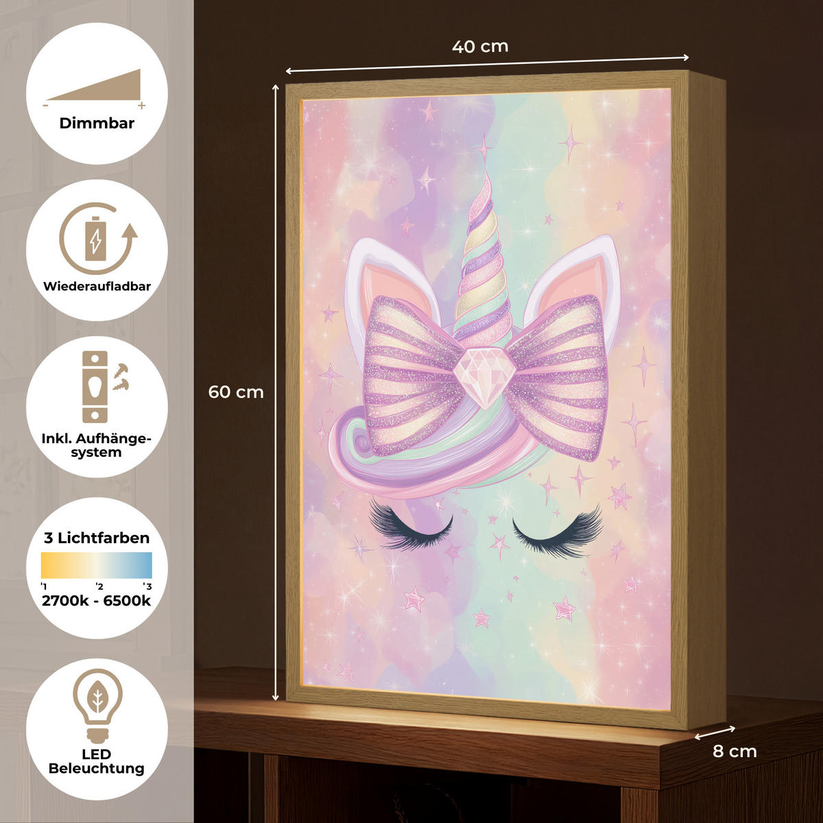 DOBÍJECÍ NOČNÍ LAMPIČKA Jednorožec - Třpytky - Duha - Pastelové barvy 40x60 cm - světle růžová, kompozitní dřevo (8/40/60cm) - OnlyWow