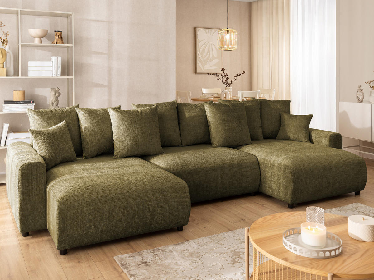 WOHNLANDSCHAFT Calma mit Schlaffunktion und Bettkasten im Bumpy-Design aus weichem Grün Chenille-Stoff - Schwarz/Grün, Holz/Kunststoff (336/88/140cm) - S-Style Möbel