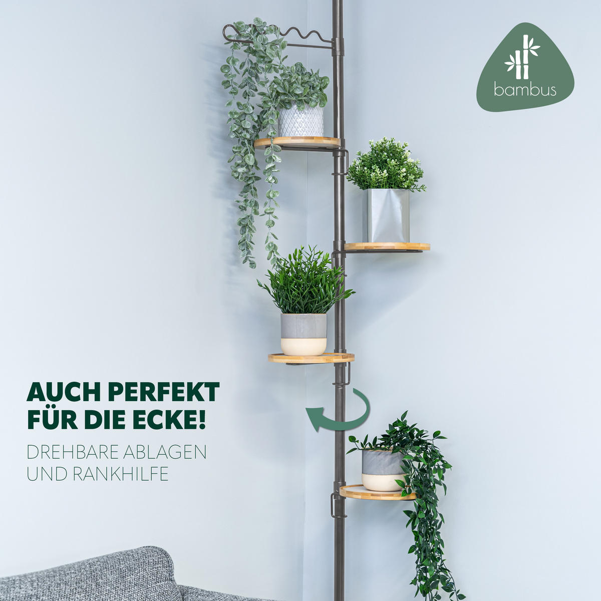 TELESKOP-BLUMENSÄULE mit 4 Bambusablagen, grau - Grau, Metall (53/290/20cm) - bremermann