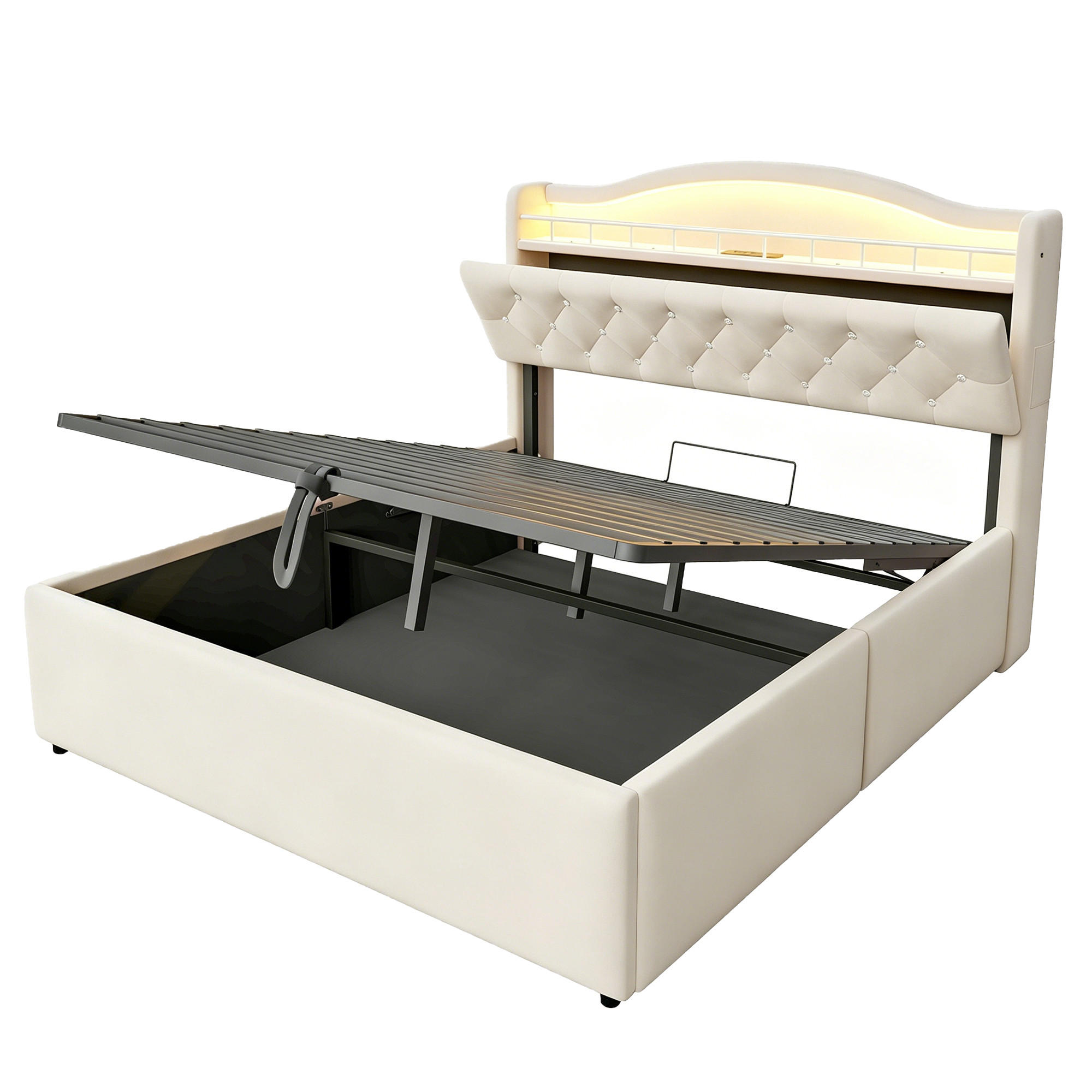 POLSTERBETT 140/200 cm DE-32693 mit LED und Stauraum Beige - Beige, Metall (140/200cm) - ComfortXL