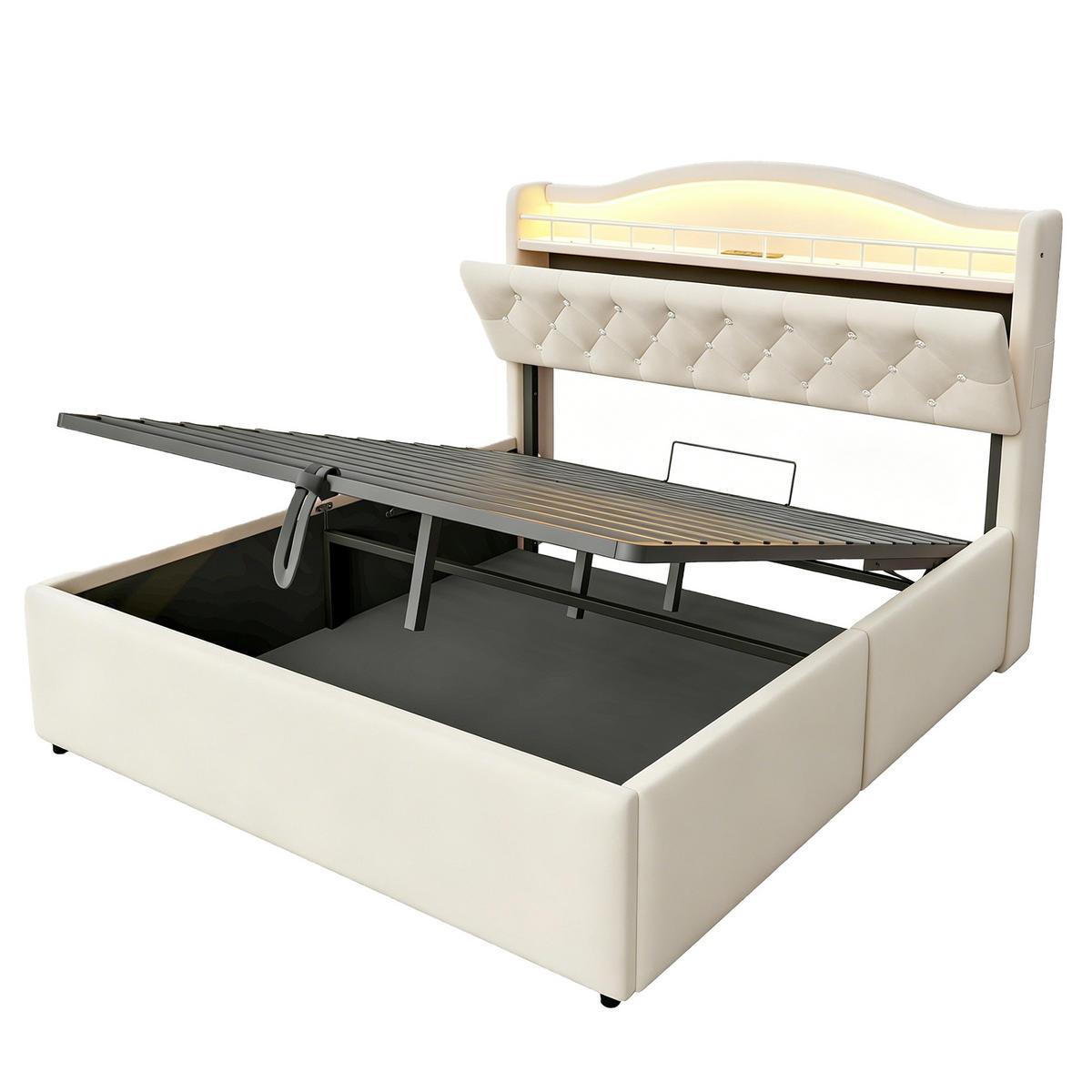 POLSTERBETT 140x200cm Samt LED Kopfteil Stauraum USB Beige - Beige, Metall (140/200cm) - FLIEKS
