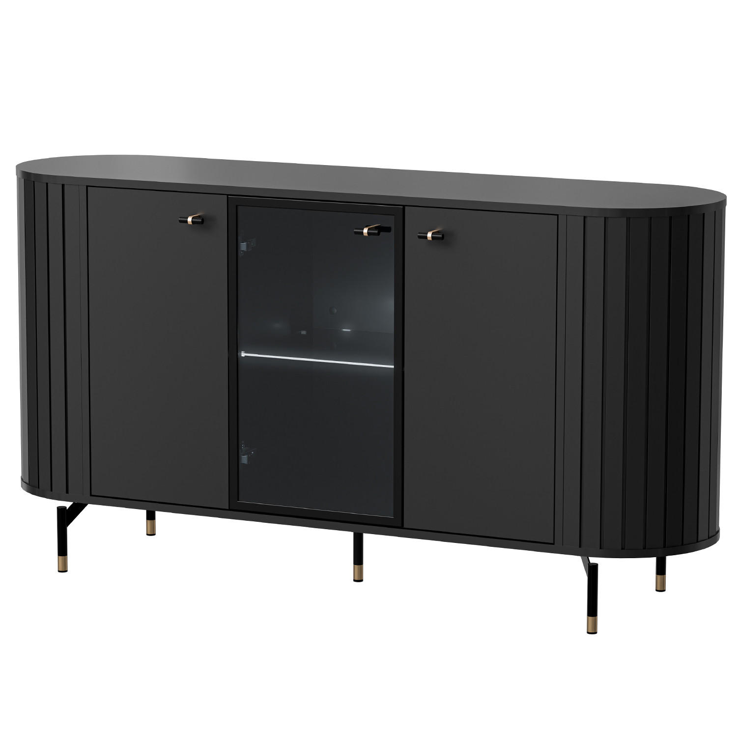KOMMODE Zalia mit LED-Beleuchtung, 3 Türen, Glastür und Stauraum, 150 cm, im Retro-Stil, Schwarz - Schwarz, Holzwerkstoff (150/81/40cm) - Beautysofa