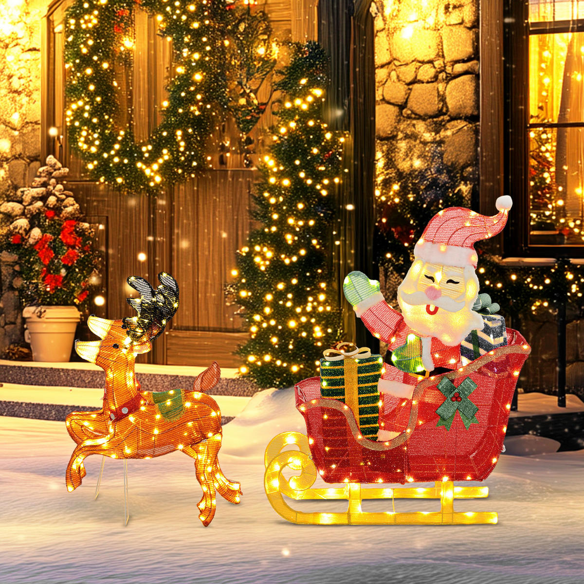 LEUCHTENDE Weihnachts-Dekoration, Weihnachtsmann auf Schlitten mit Rentieren, 148 LED-Lichter - Multicolor, Kunststoff/Metall (28/99/77cm) - Outsunny