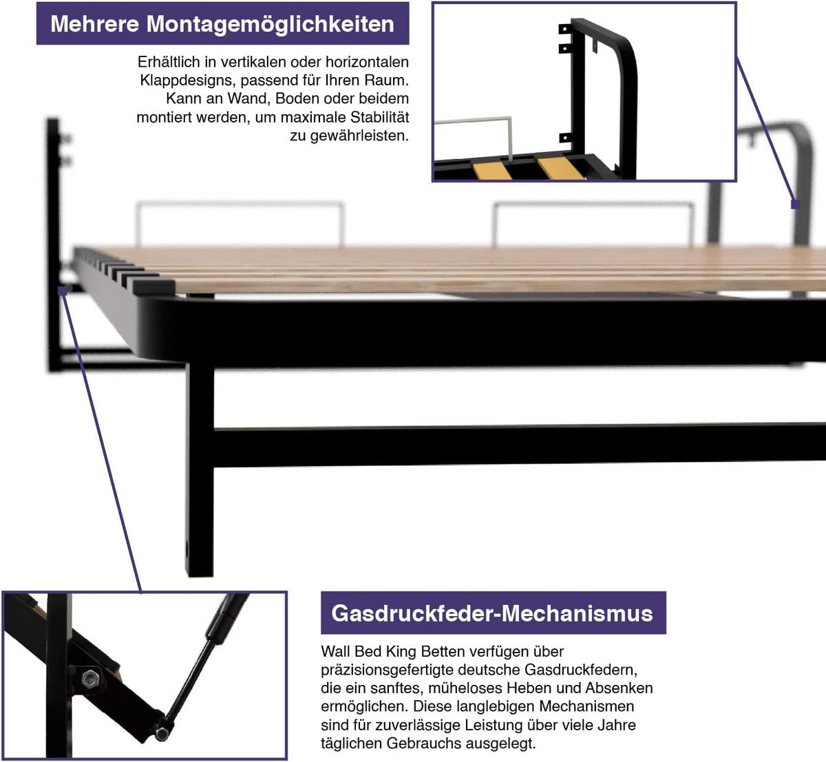 WANDBETT Murphy Classik 135x190 Vertikal, mit Gasdruckfeder-Mechanismus - Graphitfarben/Schwarz, Metall (135/190cm) - WallBedKing