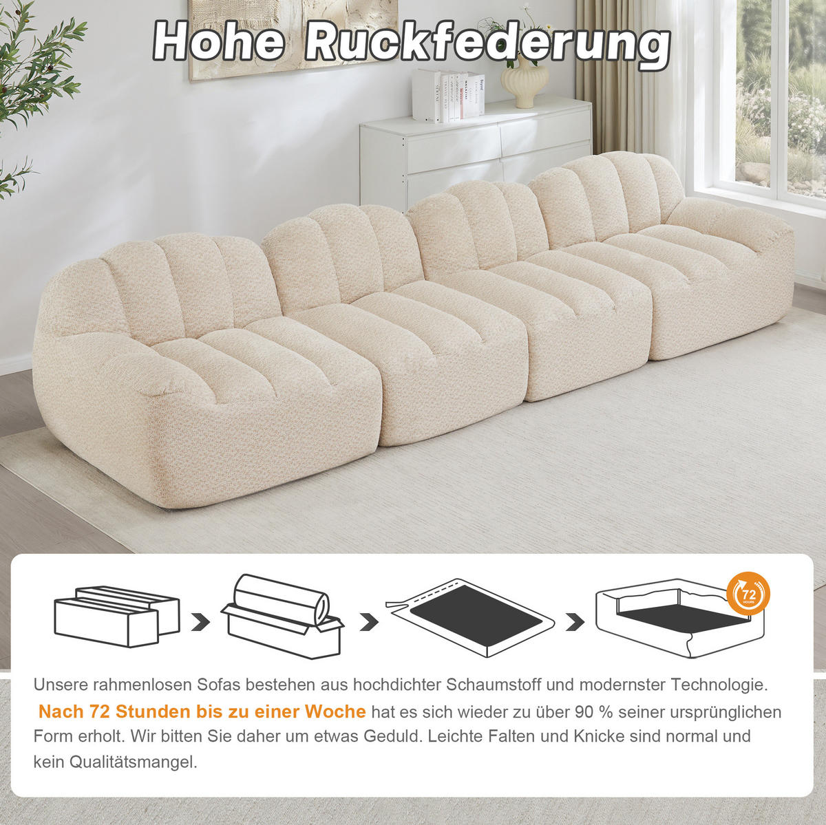 SOFA 366/104/79 cm in Beige-Weiß mit breiter Sitzfläche und weichem Bezug - Beige, Textil (104/79/366cm) - Flora Grace