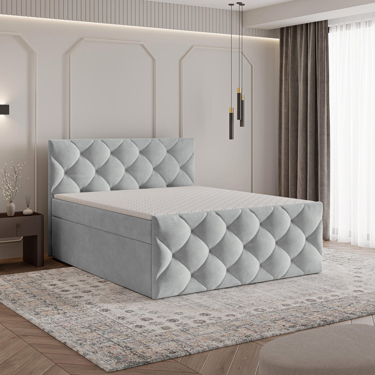 BOXBETT ROVARI 140x200 cm mit Matratze und Topper - Hellgrau - Hellgrau, Holz (140/200cm) - MASSENO