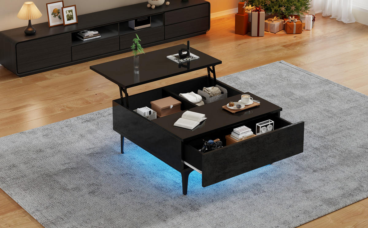 COUCHTISCH 70/70/35 cm schwarz mit höhenverstellbarer Tischplatte und Stauraum - Schwarz, Holzwerkstoff (70/70/35cm) - OKWISH