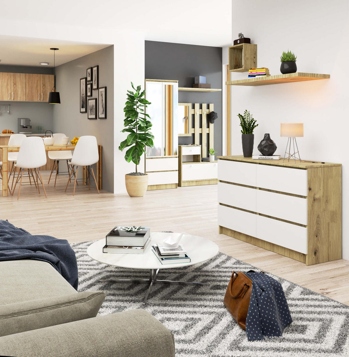 KOMMODE Eiche Artisan, Weiß 77/120/40 - Eiche Artisan/Weiß, Holzwerkstoff (120/77/40cm) - RAUMHIRSCH FURNITURE