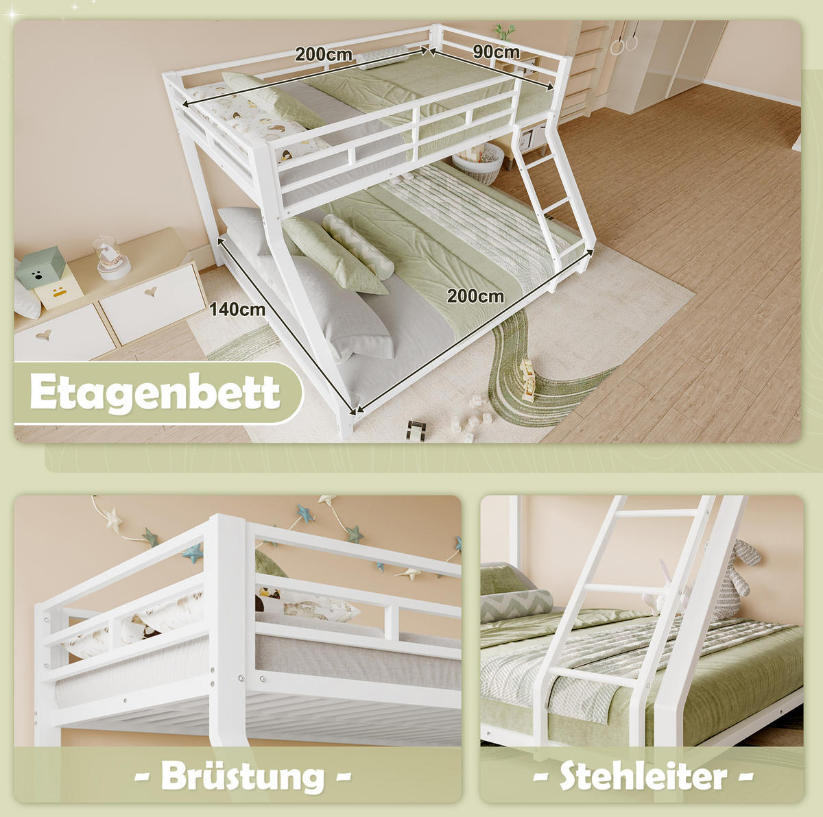 ETAGENBETT aus Metall 90x200/140x200 cm in Weiß mit Treppe und Geländer - Weiß, Metall (90/200cm) - Modenvie