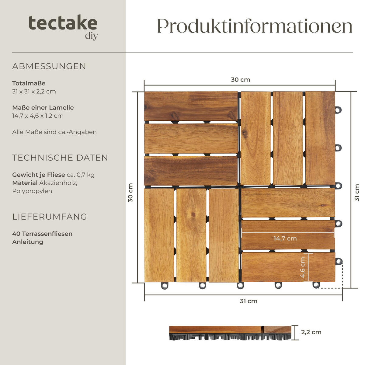 TERRASSENFLIESEN Tabula 40er Set, 31 x 31 x 2,2 cm, braun - Braun, Holz (31/31/2.2cm) - tectake