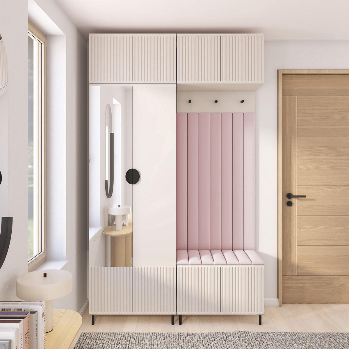 GARDEROBE Ritmo version 2 mit Spiegel, mit POLSTERPANEELEN ROSA - Beige/Rosa, Holzwerkstoff (140/235/40cm) - Jerpax