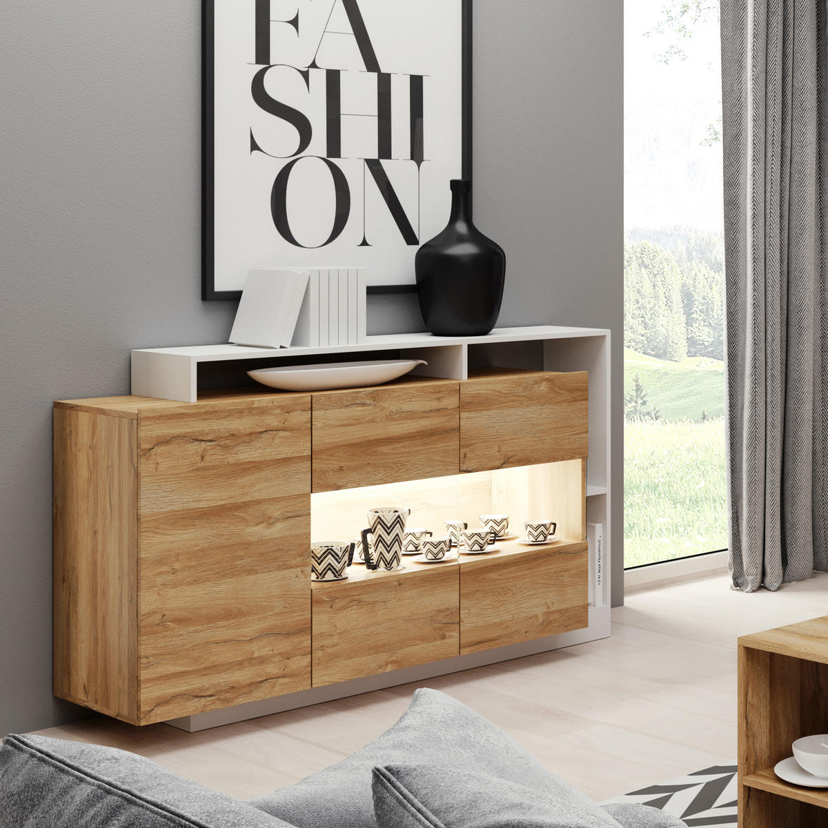 SIDEBOARD ALBINA 155/94/44 cm mit 3 Türen Eichefarben - Eichefarben/Weiß, Holzwerkstoff (155/94/44cm) - MASSENO