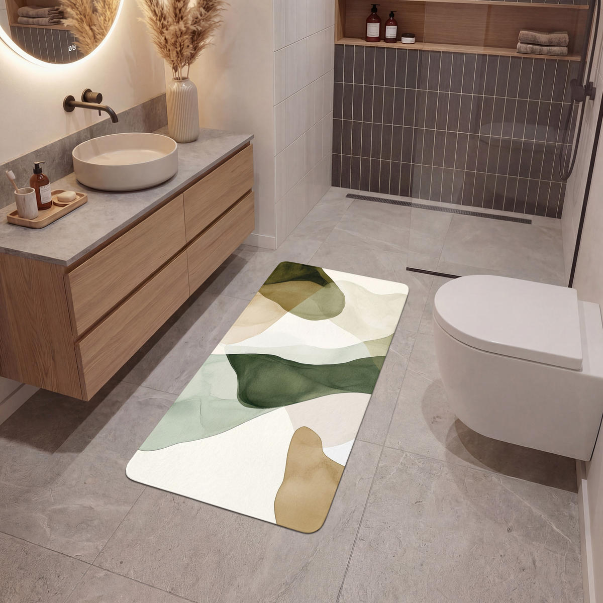 KÚPEĽŇOVÁ PREDLOŽKA Japandi - Abstraktné - Zelené 60x120 cm - zelená, textil/plast (60/120cm) - OnlyWow