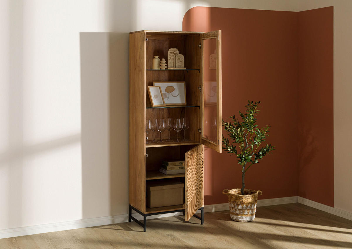VITRINE Akazie 60x40x180 natur lackiert MARRAKESCH #110 - Braun, Holz (60/180/40cm) - Massivmoebel24