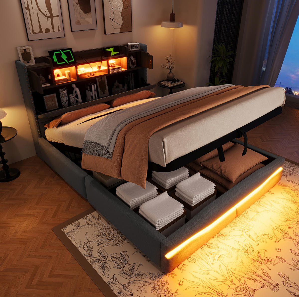 ČALÚNENÁ posteľ 140/200 cm s hydraulickým úložným priestorom, LED osvetlením, USB/Typ-C nabíjaním a čelom s odkladacím priestorom, Sivá - sivá, textil (140/200cm) - Redom