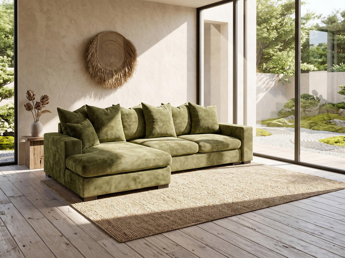 ECKSOFA Dahlia mit Schlaffunktion und Bettkasten in L-Form Links - Grün Chenille 285/92/155 cm - Schwarz/Grün, Kunststoff/Textil (285/155cm) - WFL GROUP