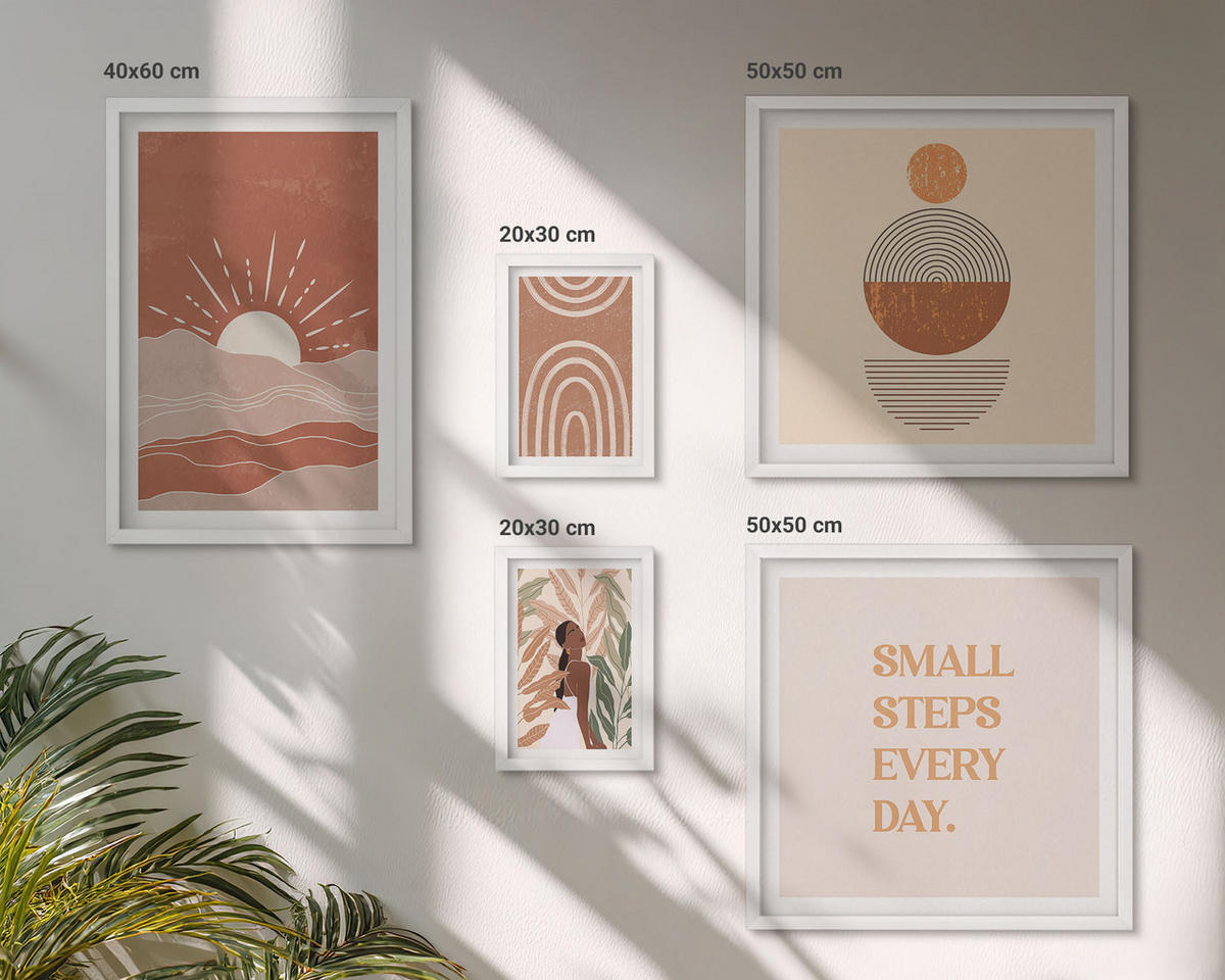 WANDBILDER 5er-Set - 50x50 cm & 20x30 cm & 40x60 cm Weißer Rahmen - Ein entspannter Buddha am Strand - Weiß, Kunststoff (40/60cm) - ArtPrintCave
