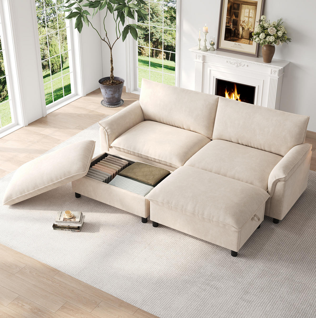 ECKSOFA 216/77/82 cm mit Schlaffunktion, beweglichem Fußhocker und Stauraum aus Chenille, Beige - Beige, Textil (216/77cm) - Redom