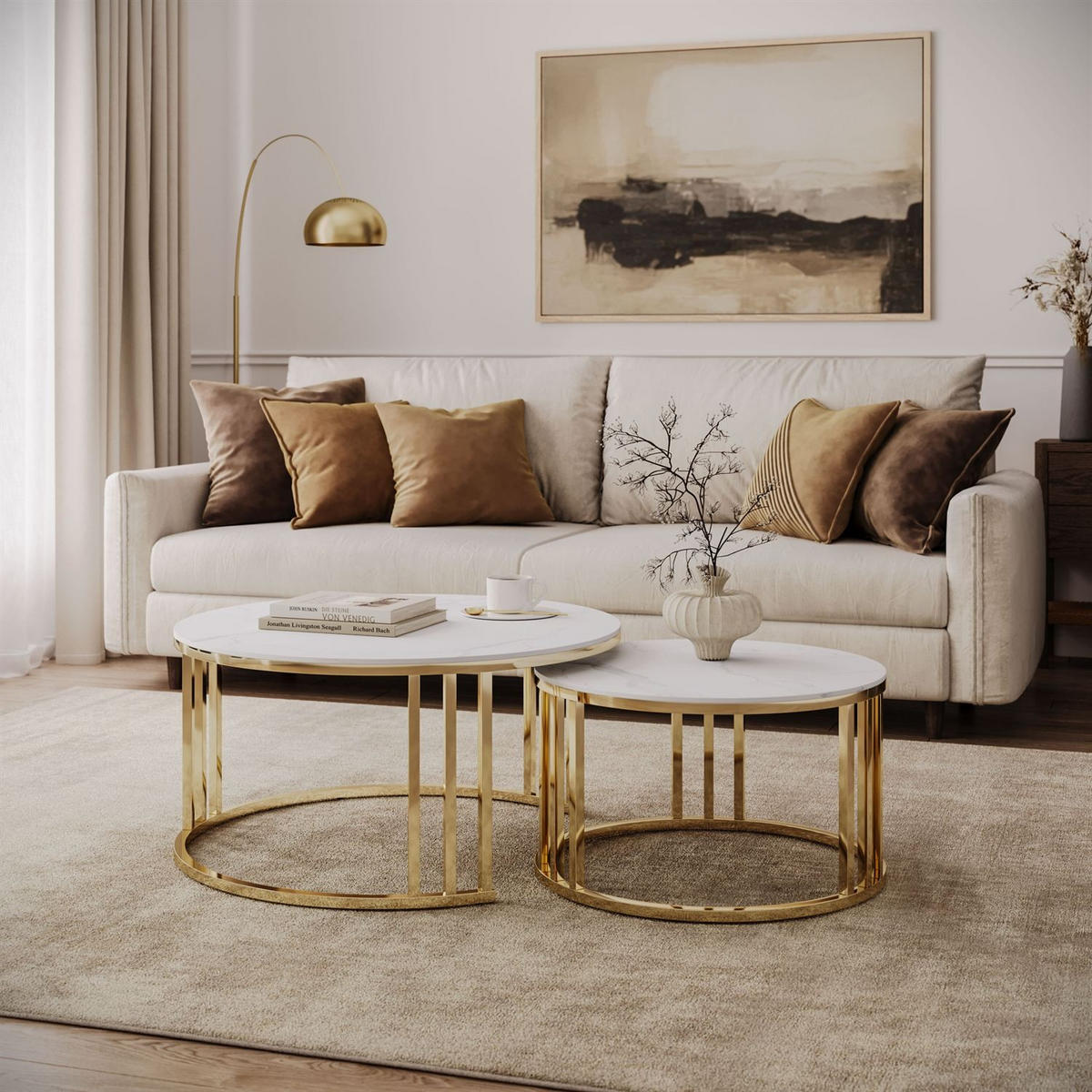 COUCHTISCH LIRA 2in1 mit goldenem Gestell und Marmorplatte - Weiß, Metall (80/80/40cm) - Lookway