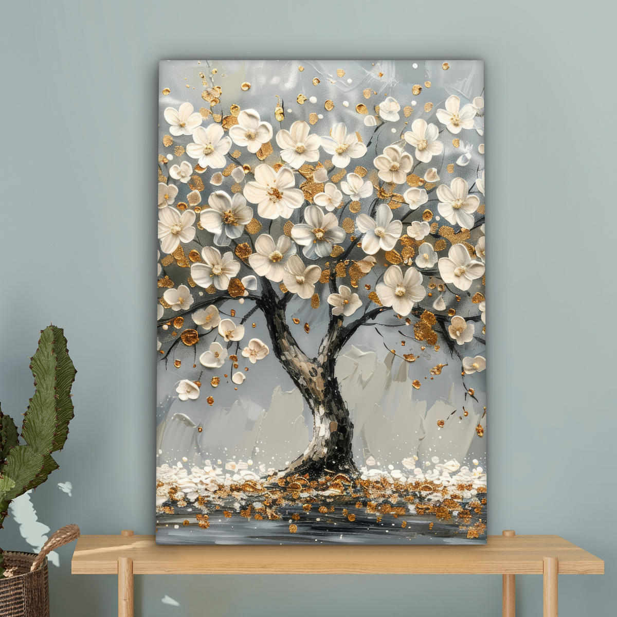 LEINWANDBILD Baum - Blumen - Weiß - Natur - Kunst Wanddeko Schlafzimmer 60x90 cm - Weiß, Textil (60/90cm) - MuchoWow