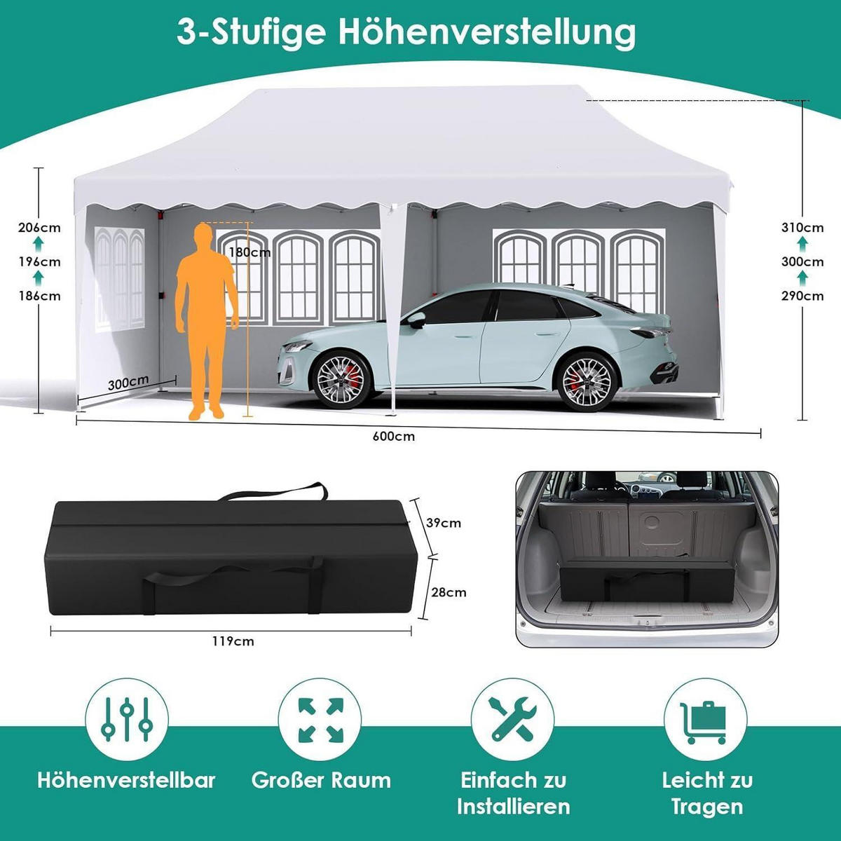 FALTPAVILLON 3x6 m Weiß Wasserdicht mit 6 Seitenwänden - Weiß, Textil (300/310/600cm)