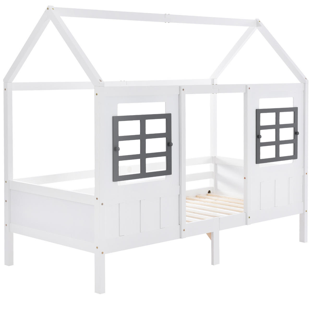 KINDERBETT 90/200 cm in Hausform mit 2 Fenstern und Rundumschutz aus Kiefer und MDF, Weiß - Weiß, Holzwerkstoff (90/200cm) - Redom