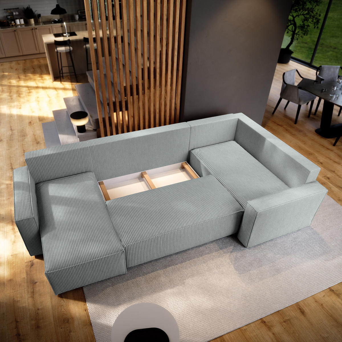 WOHNLANDSCHAFT NORENA R-S Hellgrau Kordstoff mit Schlaffunktion - Hellgrau, Holz (295/85/157.5cm) - MASSENO