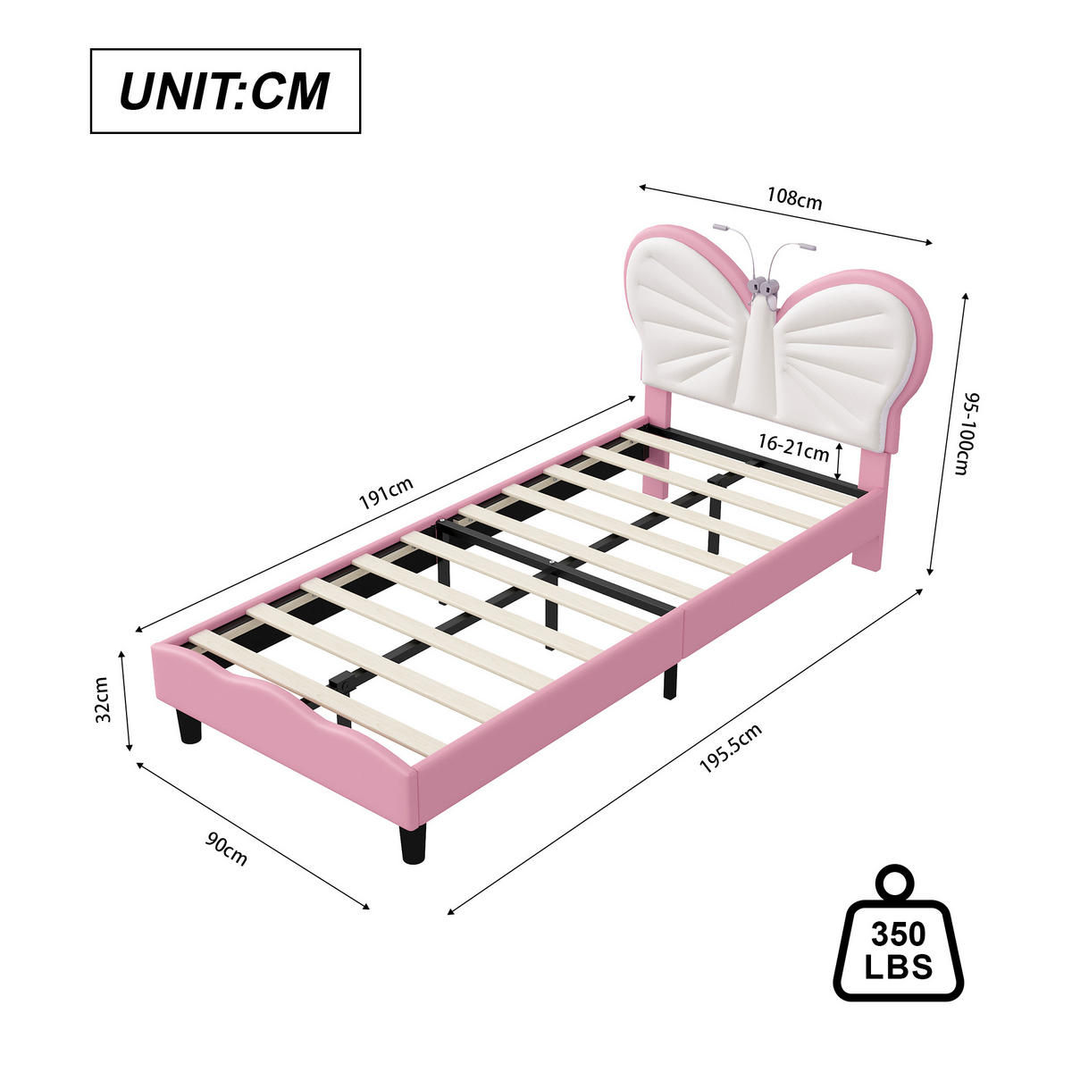 POLSTERBETT 90x190 cm Kinderbett mit Schmetterling Kopfteil, LED Leselicht, Rosa Weiß - Rosa, Metall (90/190cm) - EuroLiving