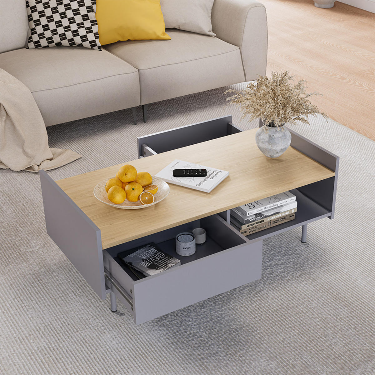 COUCHTISCH Velina Grau/Eiche 100 x 50 cm mit 2 Schubladen - Eichefarben/Grau, Holzwerkstoff (50/100/40cm) - Vicco