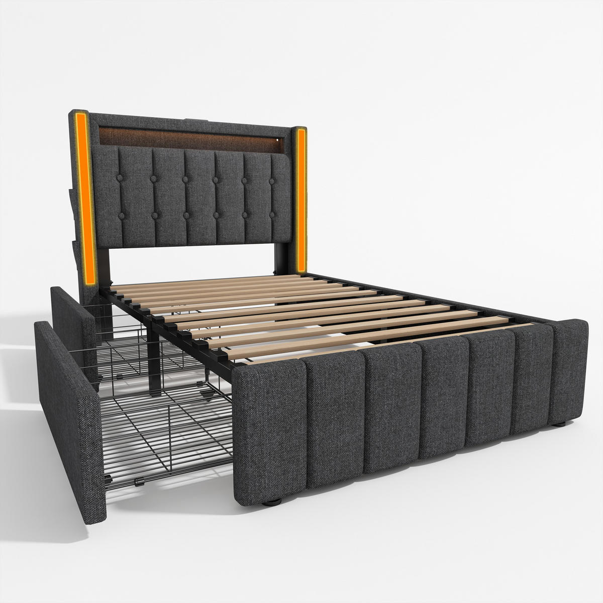 POLSTERBETT 90/200 cm Grau aus Leinen mit USB- und Typ-C-Ladefunktion und LED-Beleuchtung - Grau, Textil (90/200cm) - OKWISH