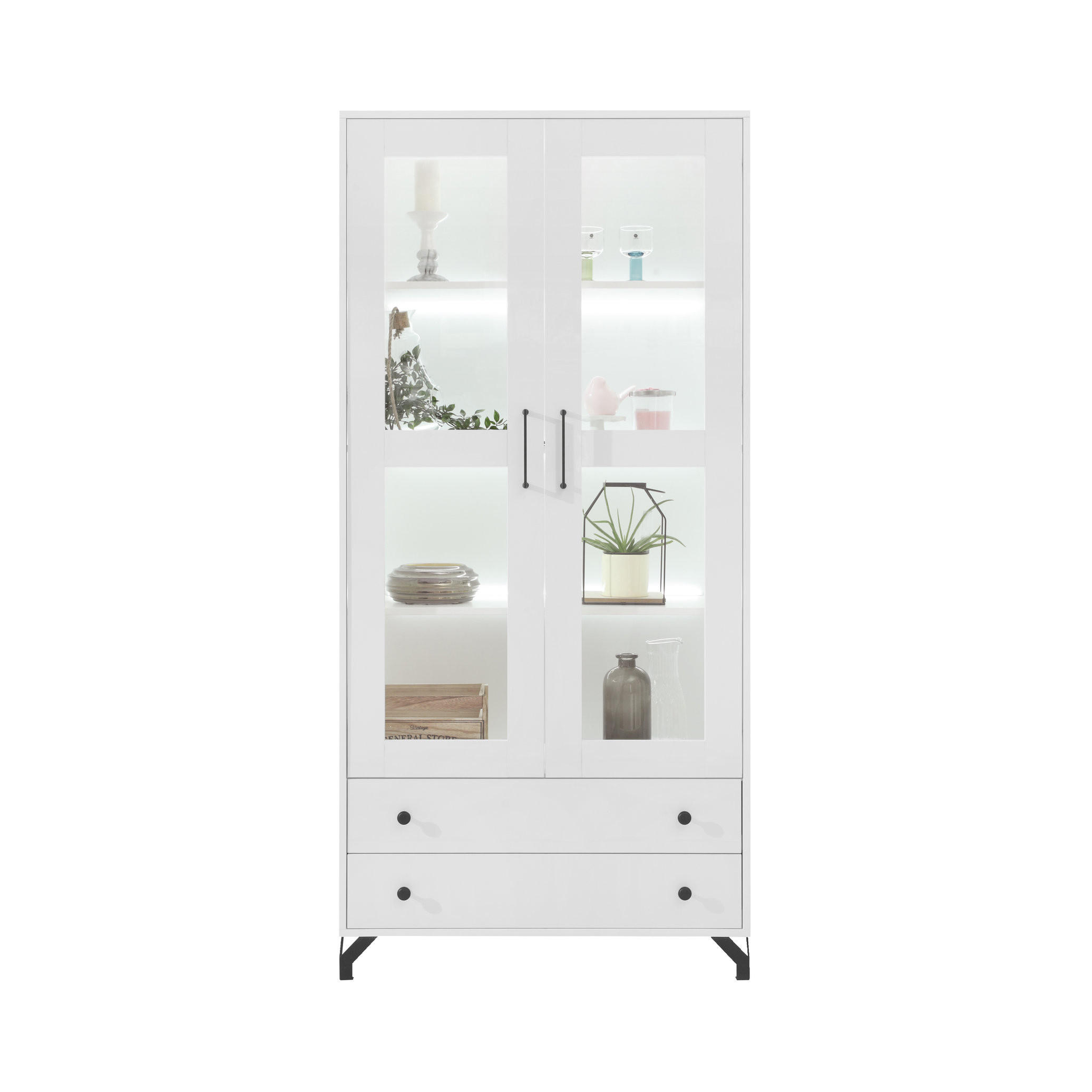VITRINE Bero mit 2 Türen und 2 Schubladen, LED-Beleuchtung - Schwarz/Weiß, Holzwerkstoff/Metall (90/190/40cm) - Beautysofa