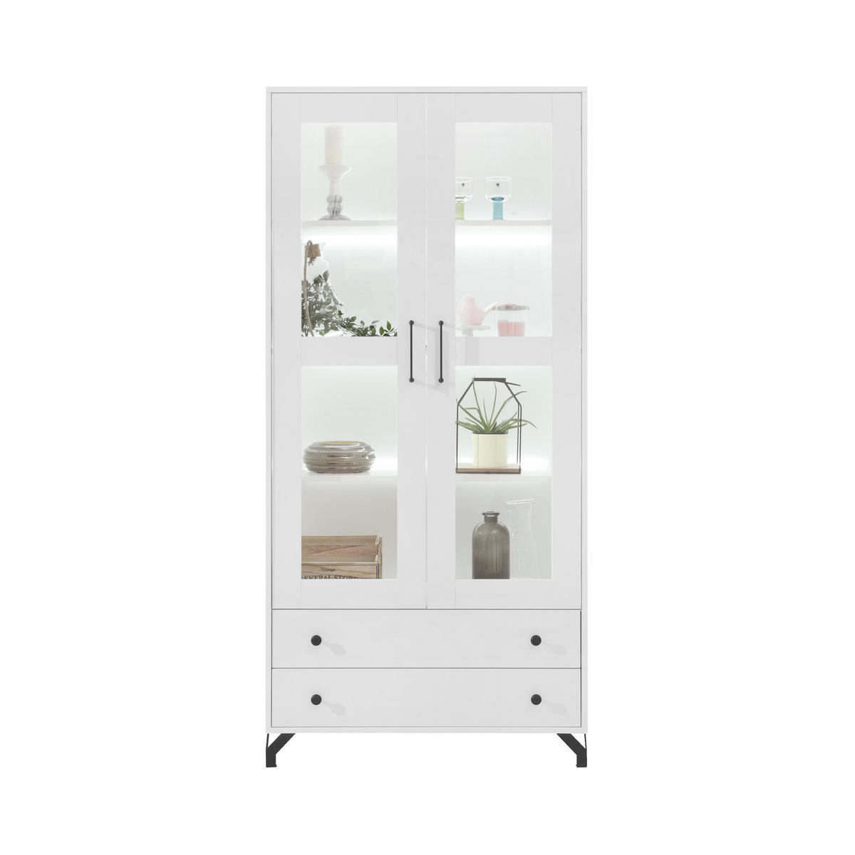 VITRINE Bero mit 2 Türen und 2 Schubladen, LED-Beleuchtung - Schwarz/Weiß, Holzwerkstoff/Metall (90/190/40cm) - Beautysofa